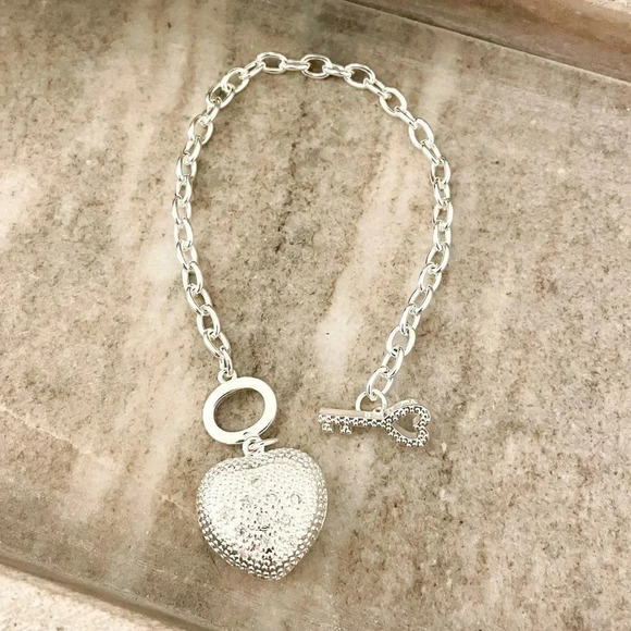 925 Sterling Silver Heart & Key Toggle Bracelet Thick Chunky Link Bracelet - Picture 1 of 6